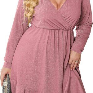 Plus Size Glitter Dress V Neck Long Sleeve Ruffle Hem Club Casual